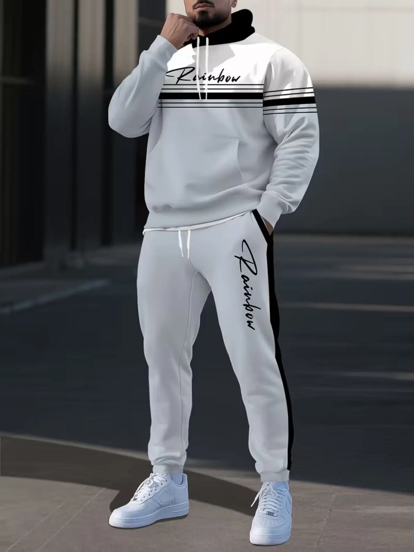 Blue Patchwork Full Print Hoodie + Sport Pants Set, Letter Signature Print, Casual Pocket Sweatshirt, Ankle-Length Long Pants