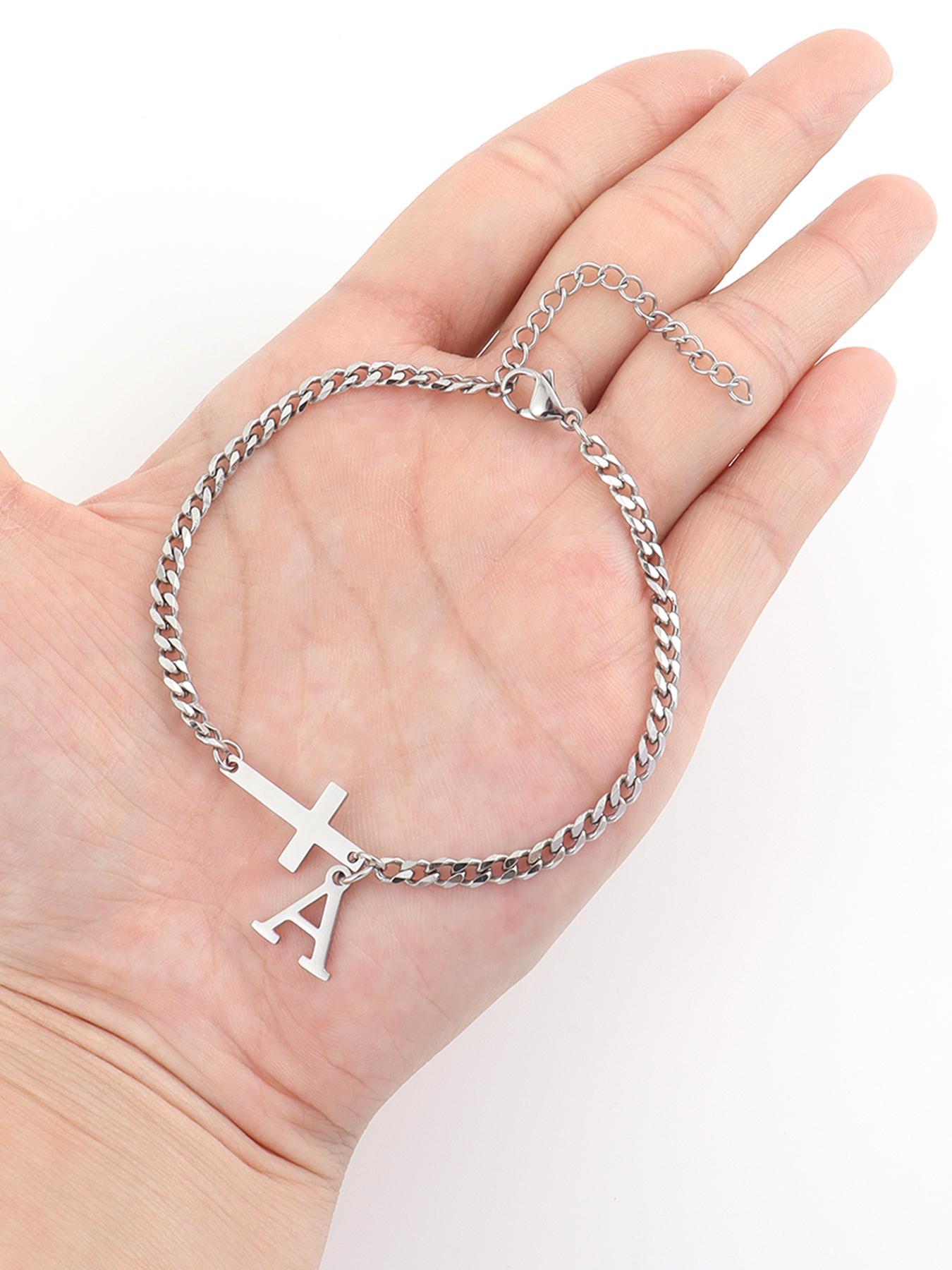 2026 New Men's Trendy Casual Bracelet, Simple Cross Charm and Letter Link Design, Fashion Bracelet for Daily Wear