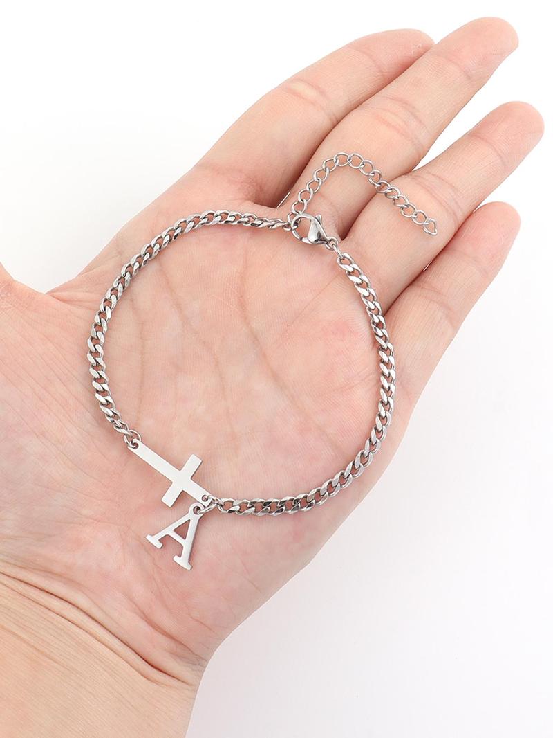 2026 New Men's Trendy Casual Bracelet, Simple Cross Charm and Letter Link Design, Fashion Bracelet for Daily Wear