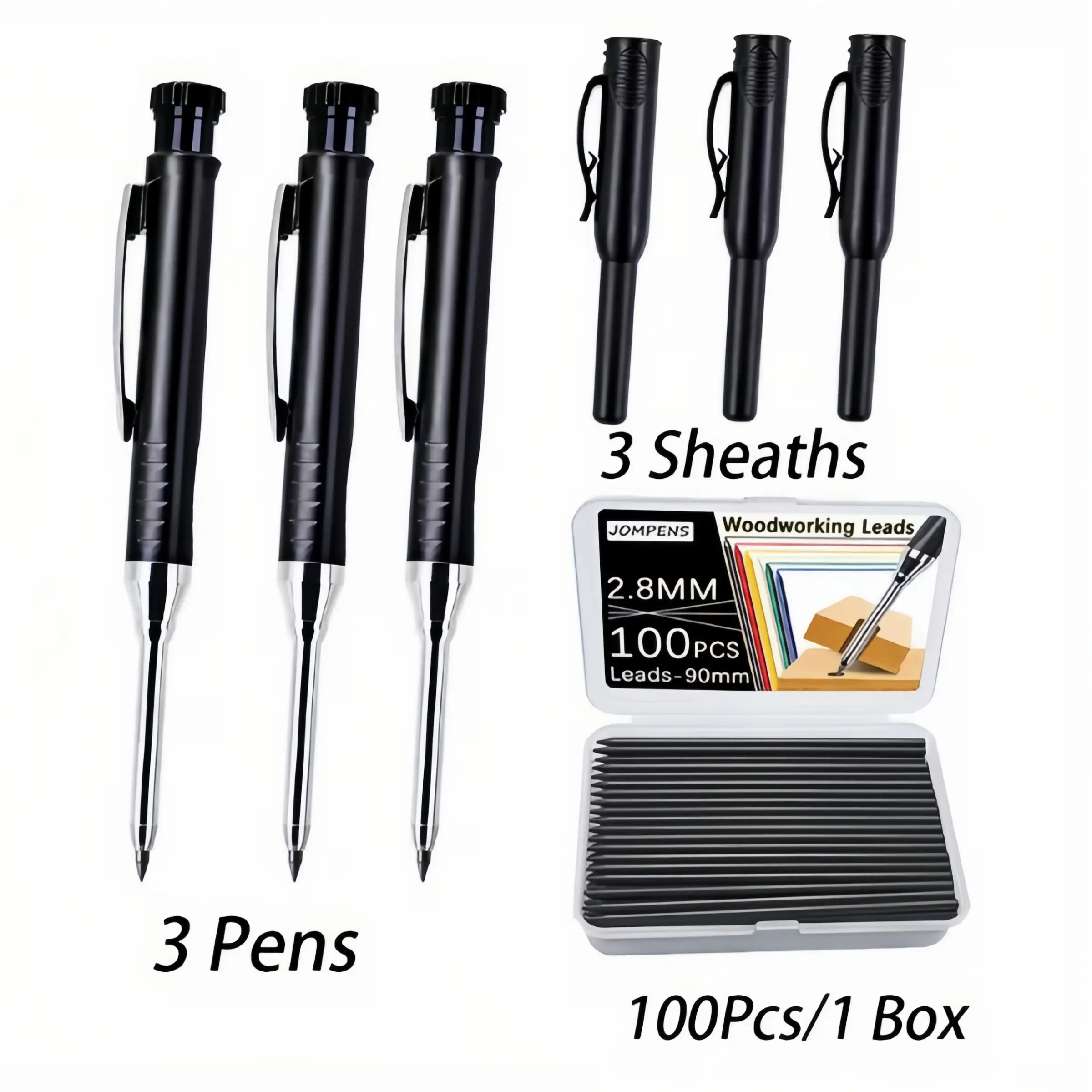 Metal Clip Mechanical Pencil Set with 100 Refills, 2.8mm Heavy Duty Construction Pencil with Built in Sharpener, Ideal for Woodworking, Ceramics, Sewing, Sketching, Engineering Drawing & Design (Includes Pencil + Leads + Cap)   Perfect for Architects, Car