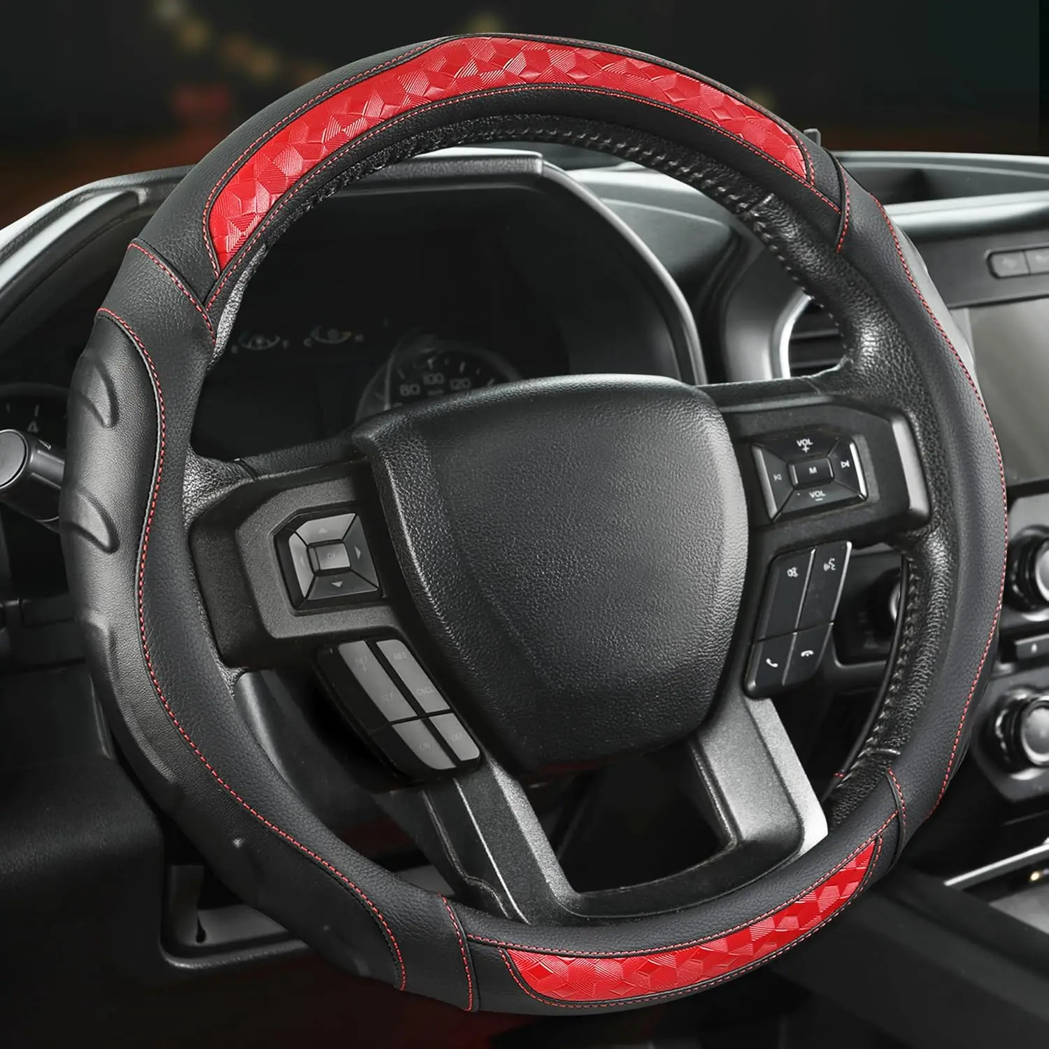 Black Seal Custom-Fit Automotive Steering Wheel Cover & Wrap for Ford F-150, F-250, F-350, Expedition - 15.5-16 in Round, Easy-Install Car Accessories with Protection (Black+Red)
