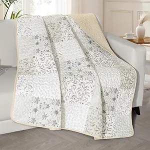 50"x 60" Quilted Throw Blanket- Microfiber Quilt Throw with Boho Patchwork Pattern, Reversible Grey Versatile Lap Quilt for All Seasons, Lightweight Throws for Bed/Couch/Sofa