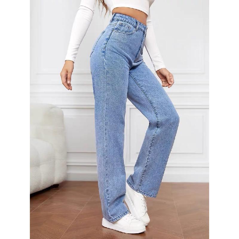 2025 High Rise Jeans for Women Wide Leg Stretchy Pants Straight Leg Loose Denim Tummy Control Trousers with Pockets Stretch Tights Waist