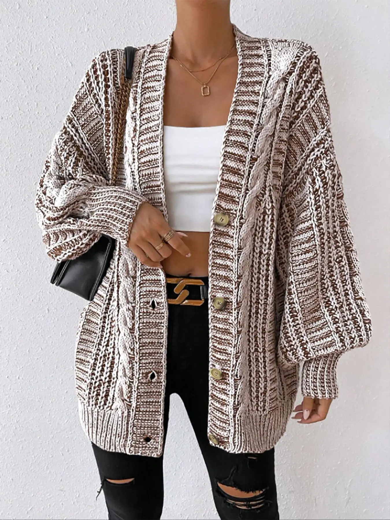 Women's Textured Lantern Sleeve Button Front Loose Fit Oversize Knitting Cardigan, Elegant Casual V Neck Long Sleeve Cardigan, Ladies Knitwear for Fall & Winter Daily Wear, Womenswear Tops Oversized, Fashion Knitwear