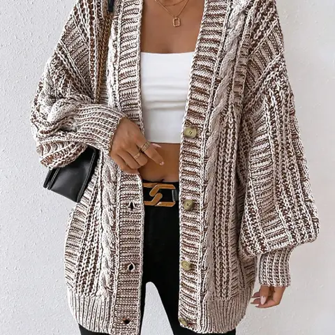 Women's Textured Lantern Long Sleeve Button-Front Knit Cardigan, Casual V-Neck Oversized Knitwear for Fall and Winter, Fashion Outerwear for Daily Wear, Womenswear
