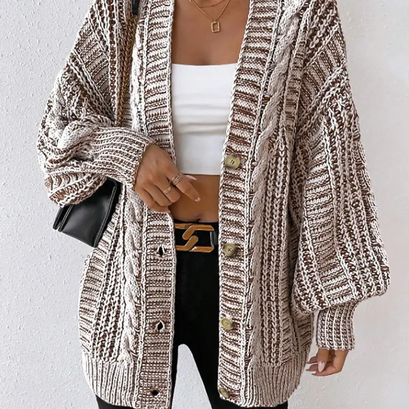 Women's Textured Lantern Long Sleeve Button-Front Knit Cardigan, Casual V-Neck Oversized Knitwear for Fall and Winter, Fashion Outerwear for Daily Wear, Womenswear