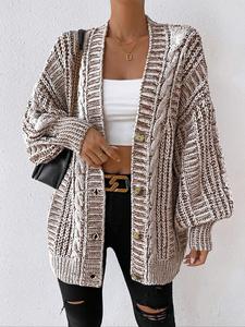 women's textured lantern sleeve button front cardigan, elegant casual v neck long sleeve cardigan, ladies knitwear for fall & winter daily wear