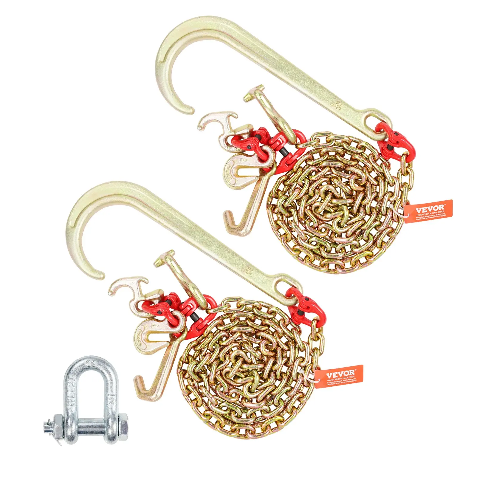 J Hook Chain, 2PCS 5/16"x 6' G80 15" Long Shank J Hook Tow Chain with RTJ Cluster Hook Grab Hook, 5400 lbs Working Load, Heavy Duty Transport Truck Chain for Wrecker Recovery Trailer Towing