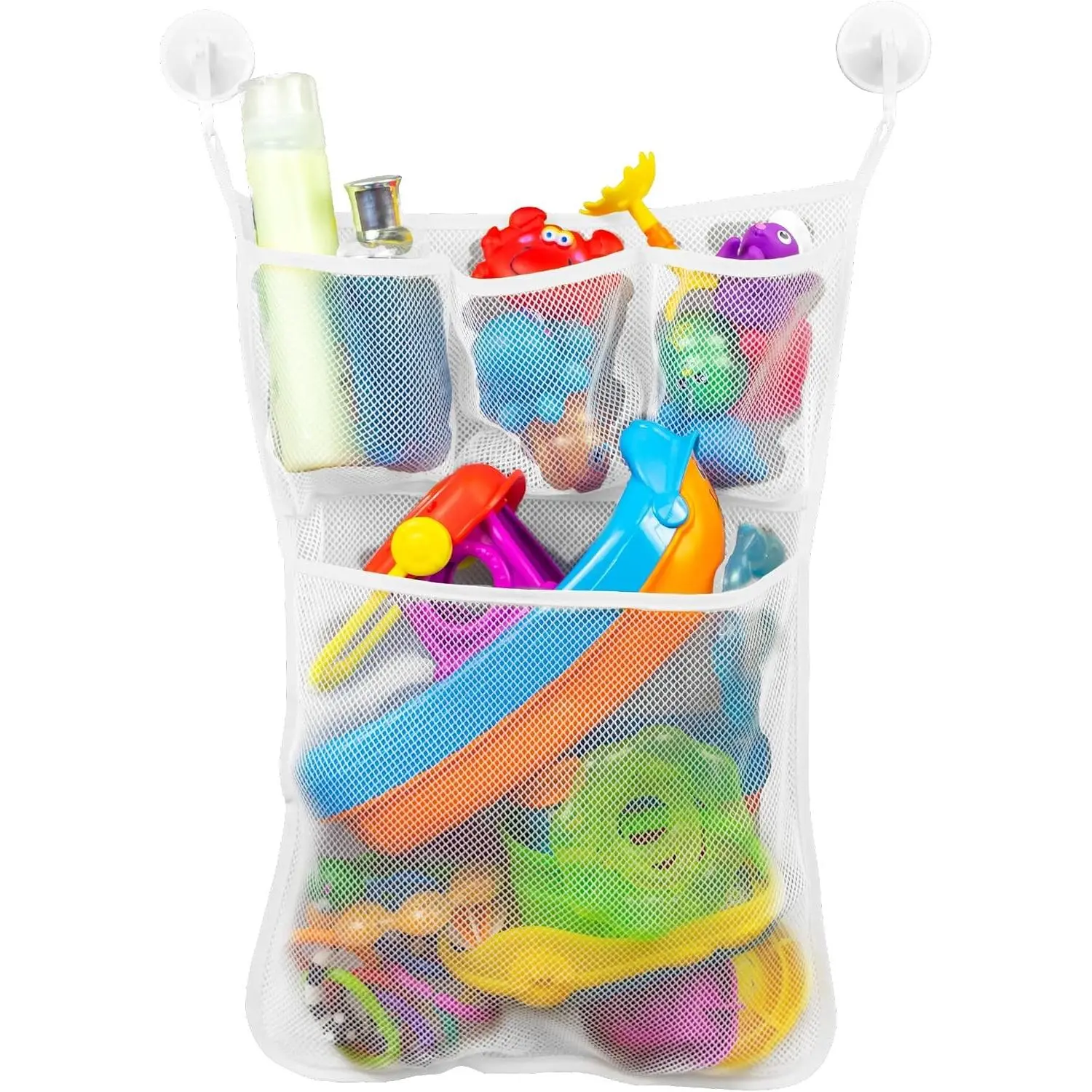 Bath Toy Storage Net with Pockets for Tub, Shower Caddy Holds Baby and Kids Toys, Soap, or Shampoo, Hooks Included, 14 Inch by 20 Inch, White, 1 Pack