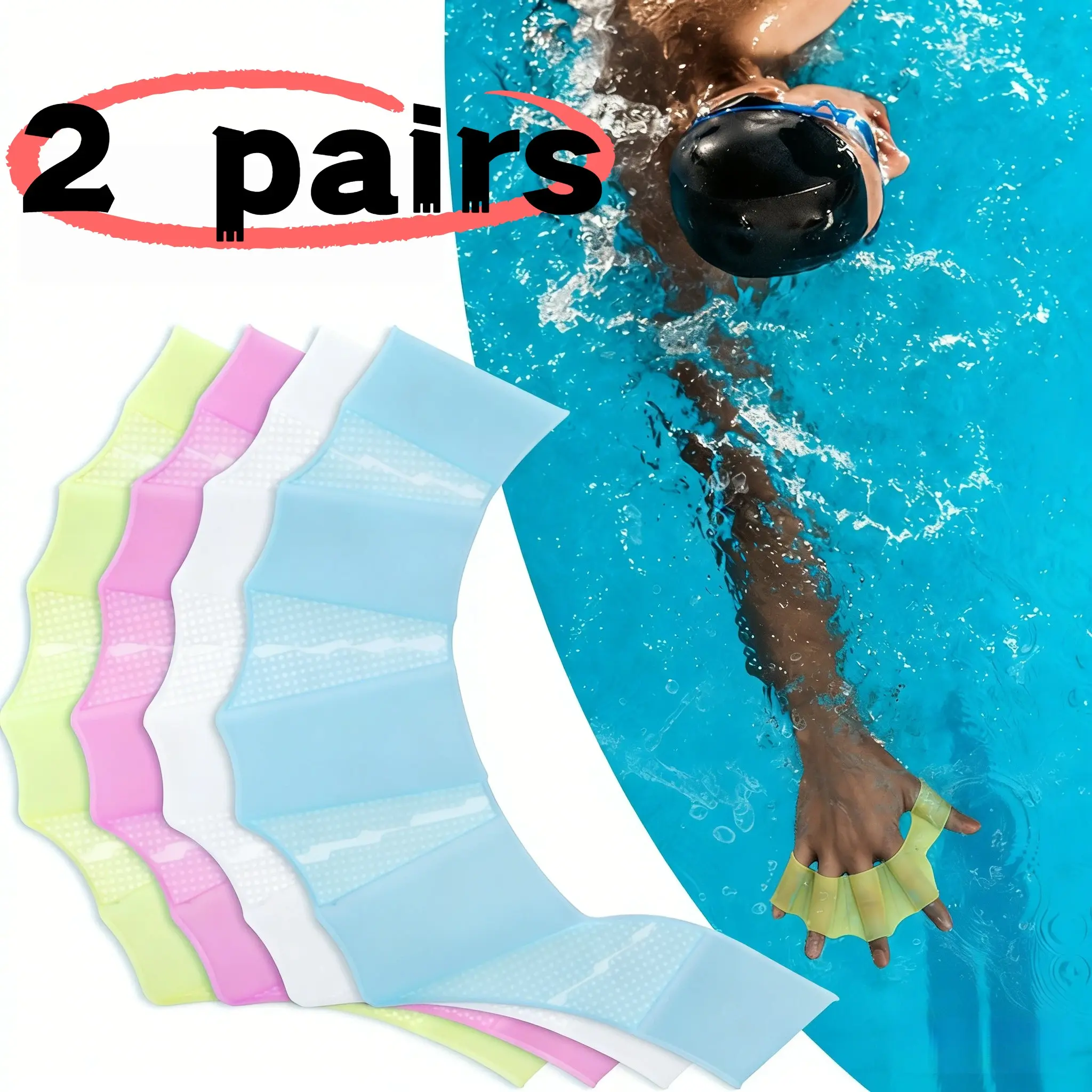 2 Pairs Swimming Training Hand Fins, Soft Silicone Open-Fingered Webbed Gloves, Medium and Large Sizes, for Freestyle, Breaststroke, Competitive Swimmers
