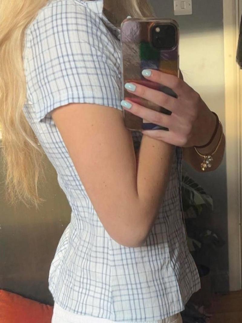 Women's Plaid Blouse Casual Button Front Slim-fitting Short Sleeve Collar Top for Summer, Women's Clothes for Daily Wear