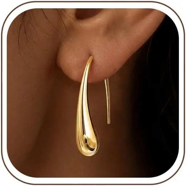 Lightweight Teardrop Hoop Earrings for Women Trendy 14K Gold Plated Oval Pull Through Hoop Earrings Stainless Steel Hypoallergenic Earrings Large Statement Backless Earring Jewelry Gift