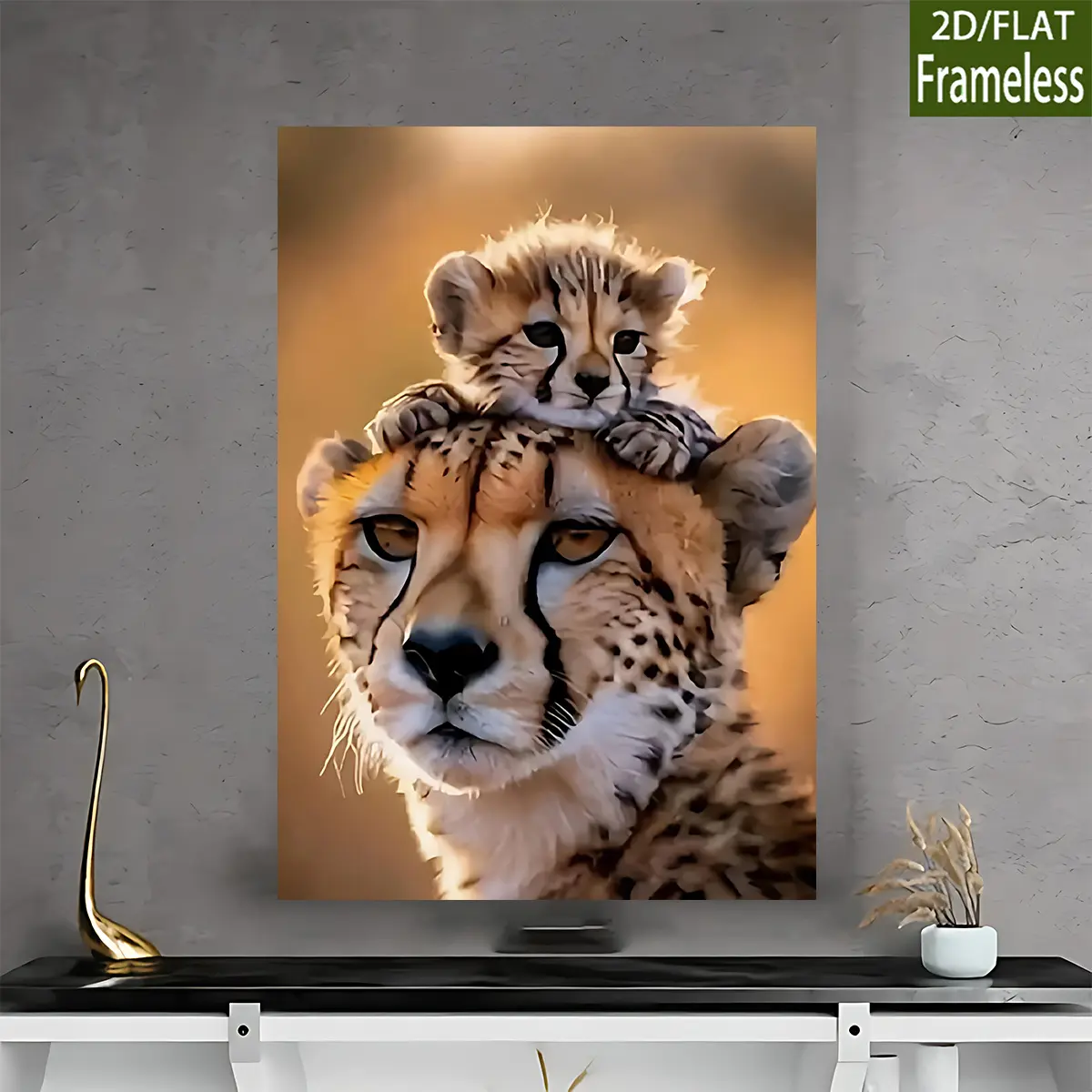 2D flat painting, 2D flat painting, canvas painting 2D frameless 1 piece 7.87X 11.81inch 11.81X 15.75inch 15.75X 23.62inch 19.69X 27.56inch 23.62X 31.5inch 23.62X 35.43inch 31.5X 47.24inch Mother leopard holding a cub, a warm moment art poster 7.87X 11.81
