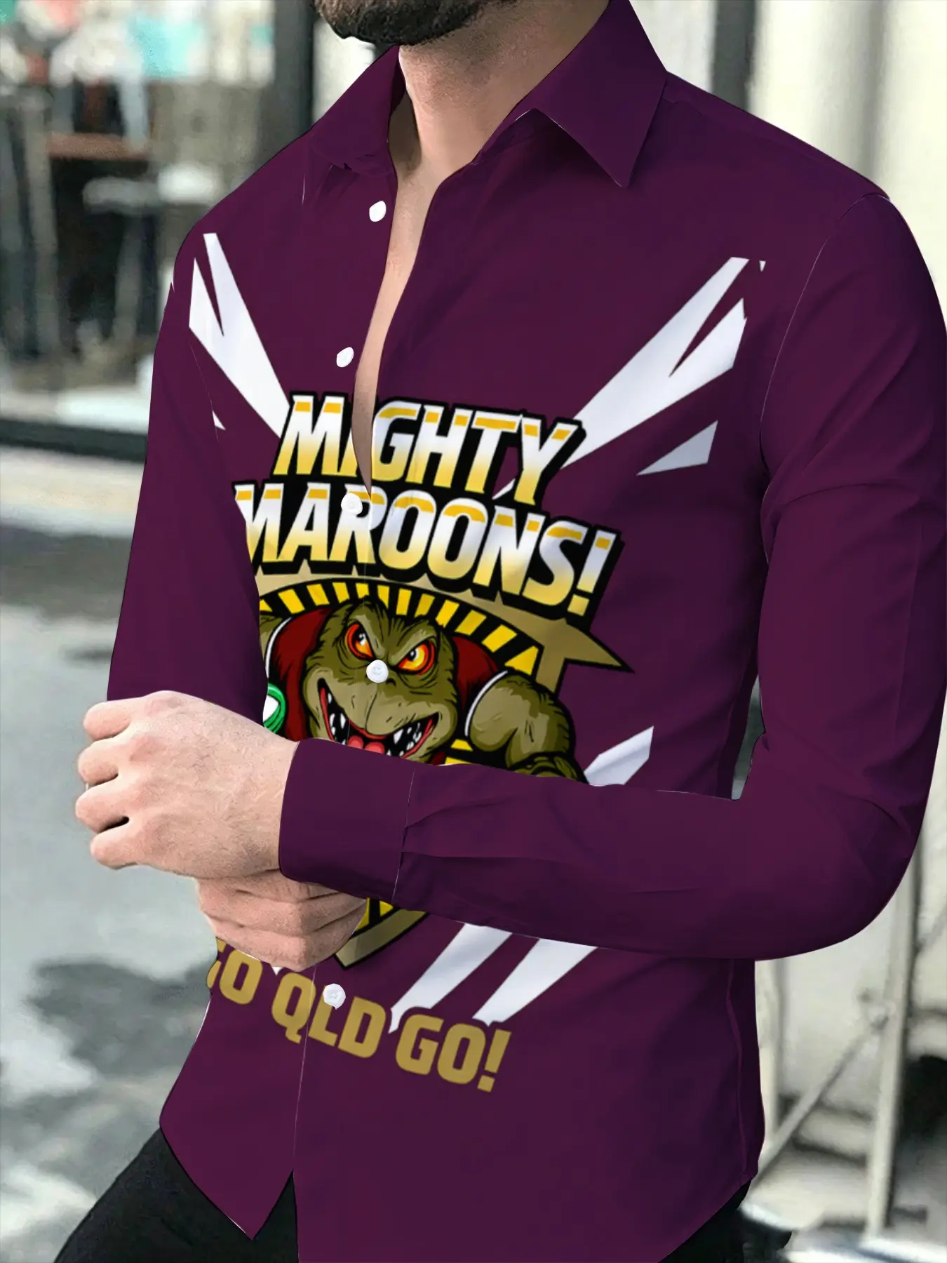 Men's Long Sleeve Collar Shirt, Wine Red Base with Domineering Cartoon Crocodile Pattern, Eye-catching Slogan MIGHTY MAROONS GO QLD GO Personalized Printed Top, Ideal for Daily Casual Trendy Wear,, Printed Party Activewear for Eve