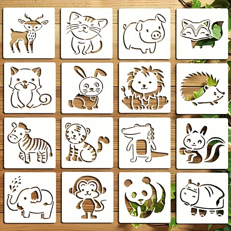 16-piece animal stencil set for painting - reusable and washable PET stencils featuring designs of cats, dogs, foxes, etc., suitable for DIY home decoration and crafts, reusable craft templates