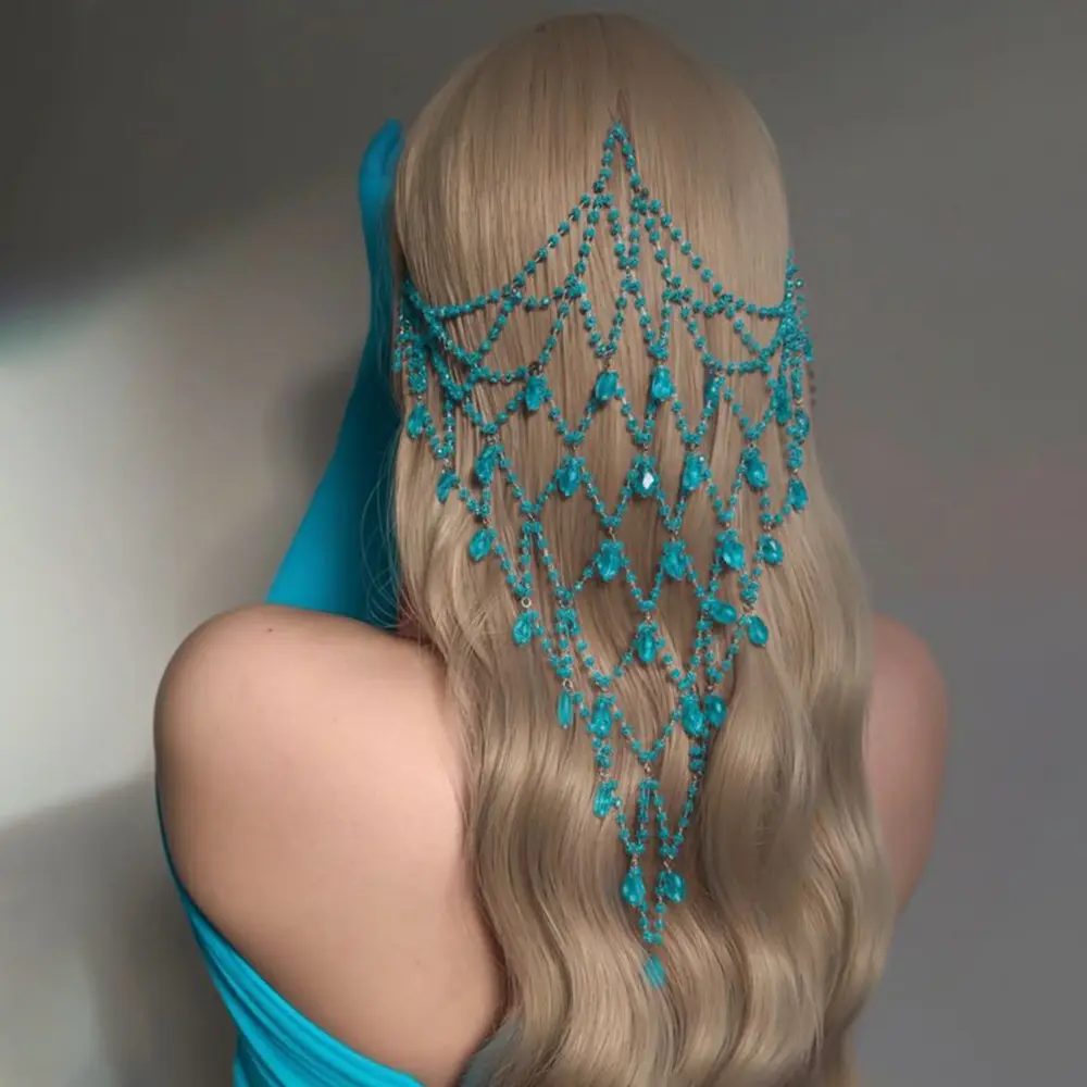 European and American luxury rhinestone tassel hair chain, diamond-shaped mesh hair accessory, bridal wedding party headpiece for women