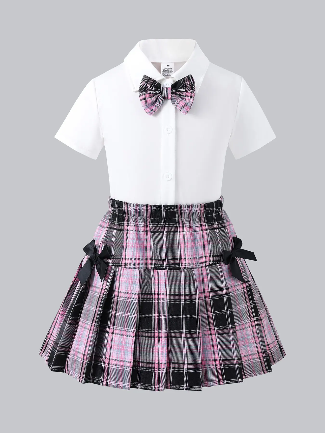 Girls' School Uniform Set, Cute, Shirt & Plaid Skirt, Cartoon Pattern, High Waist, Short Sleeve, Casual Style, All Seasons