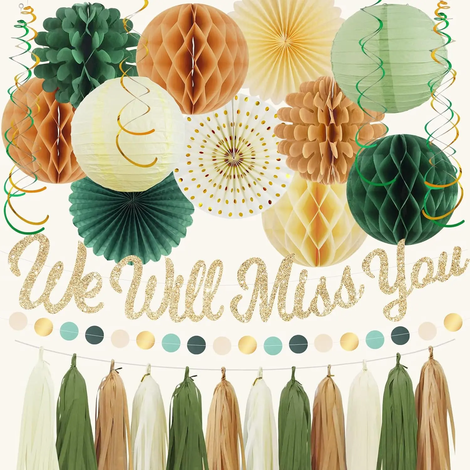 Retirement Party Decorations Going Away Party Supplies Farewell Party Decor Kit - We Will Miss You Banner, Paper Lanterns Honeycomb Fans Tassel Garland Set for Coworker Leaving Men Women Goodbye Celebration (Green)
