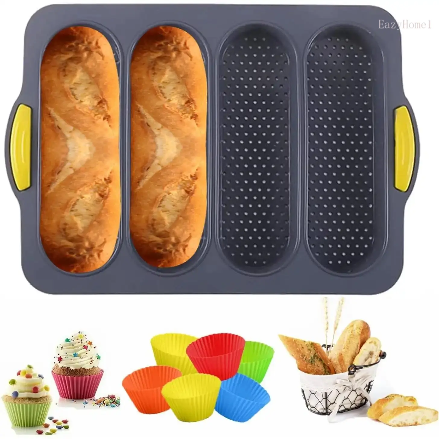Synthetic Non-Stick Baked Bread Making Set - Sub Sandwich Roll Pan, Baguette Mold, Sourdough Loaf Pan, 6 Muffin Cups, Dishwasher-Safe Home Supplies Accessories (1 Set)