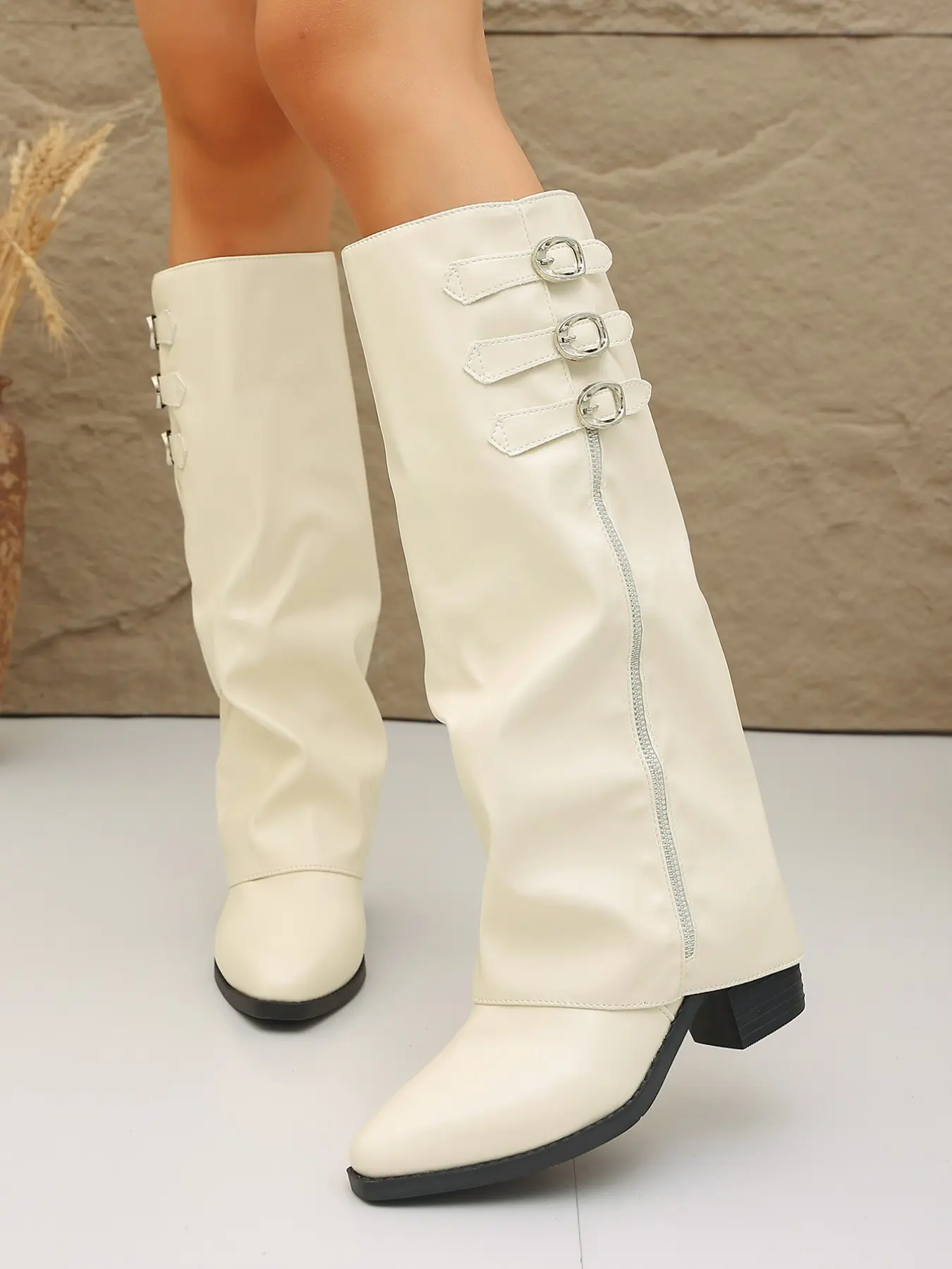 Women's Western Style Mid-Calf Boots, PU Leather Pointed Toe, Casual Fall & Winter Fashion Boots, Rubber Sole, Medium Width