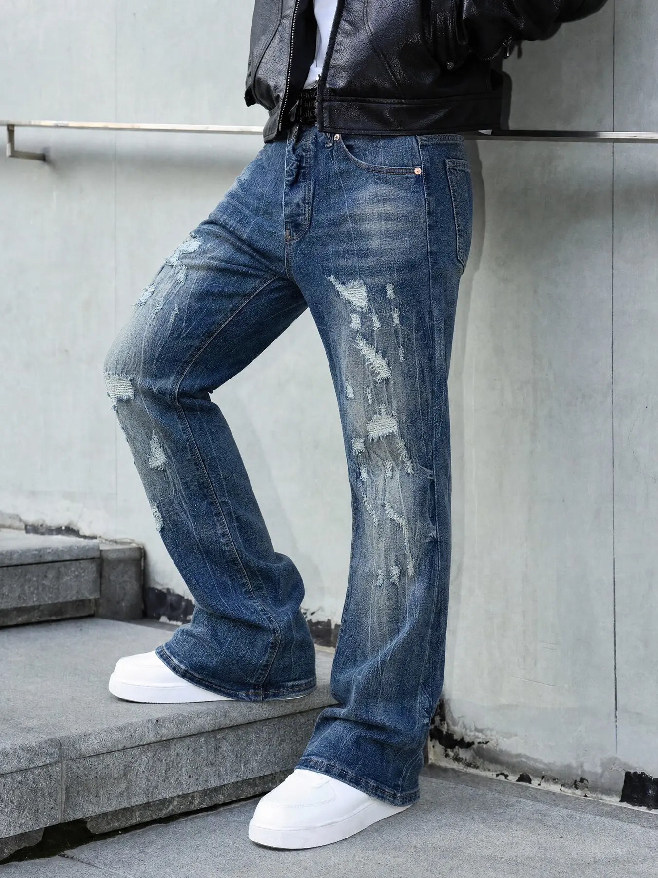 American Vintage Heavy-Duty Cat Hair Ripped Micro Flare Jeans, Men's Distressed Washed Slim Fit Wide Leg Bell Bottom Pants