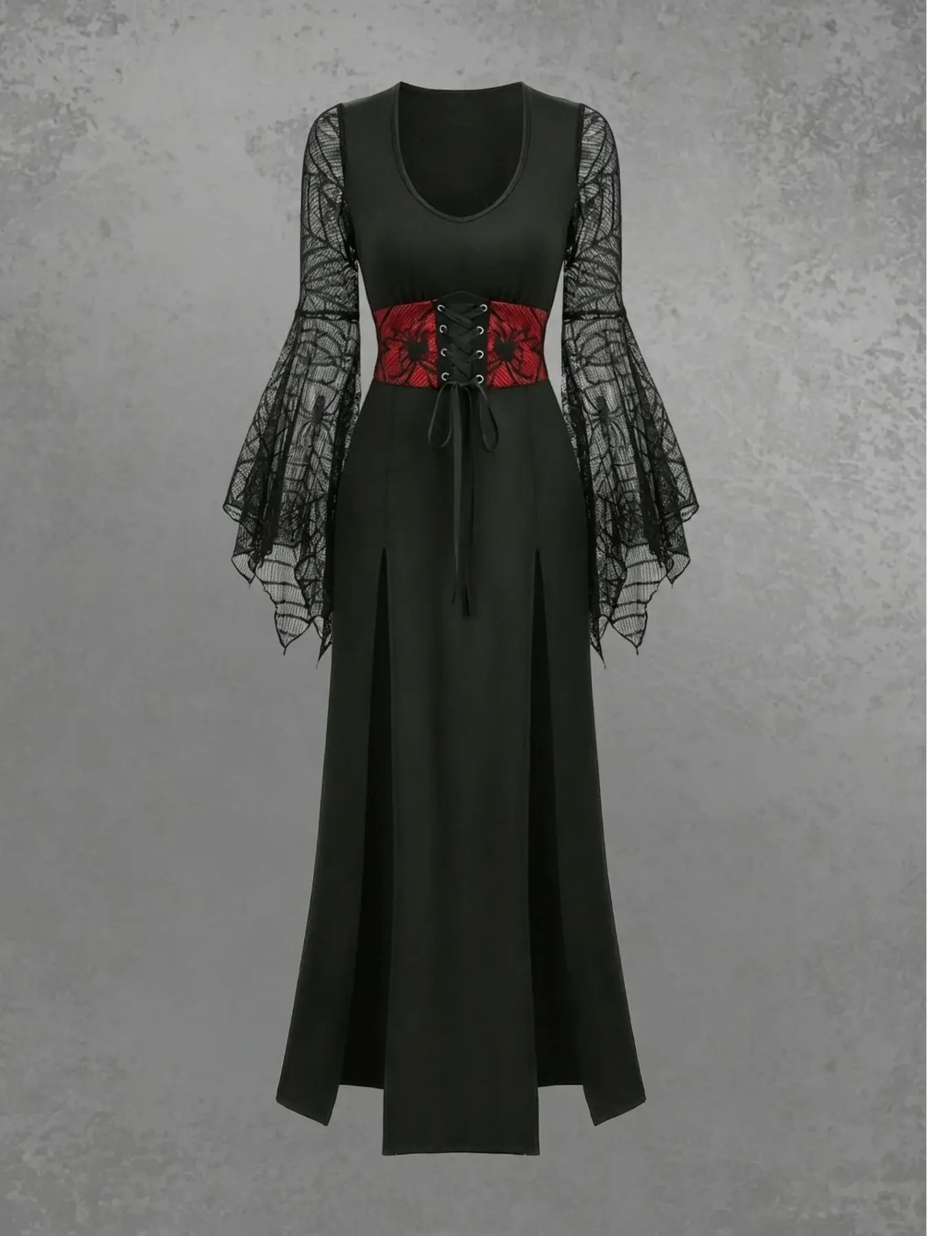 Dark Gothic Belted Long Dress, Spider Web Lace Bell Sleeve Split Gown, Halloween Party, Goth Event, Cosplay Costume