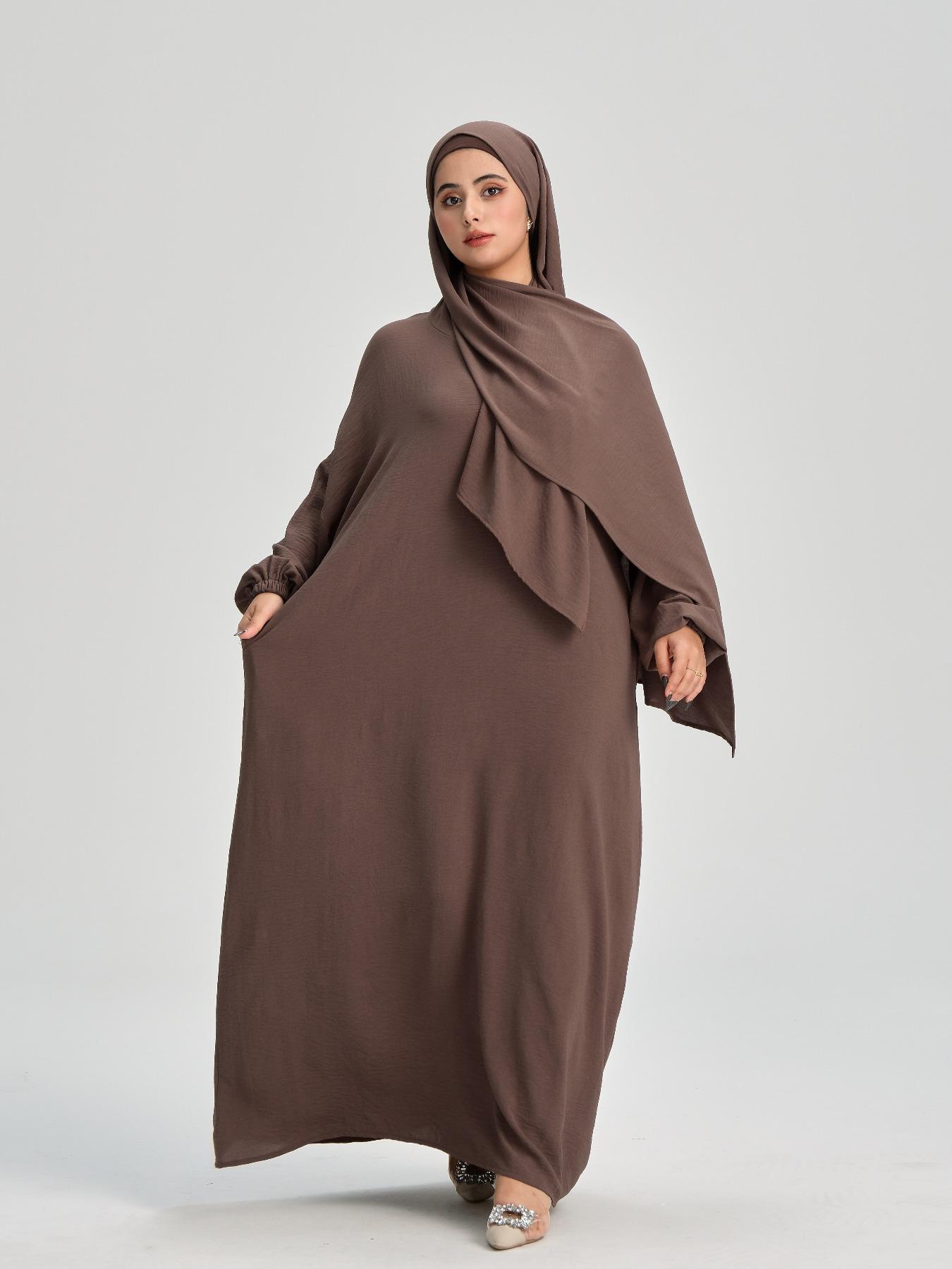 Women's Solid Pocket Bishop Sleeve Hooded Abaya, Islamic Abaya, Modest Casual Long Sleeve Abaya for Spring & Fall, Summer Outfits 2024, Muslim Clothing for Women
