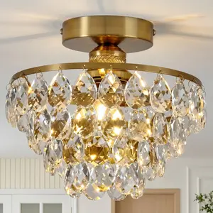 Modern Gold Ceiling Light, 10-Inch Small Round Crystal Chandelier, Flush Mount E27 Socket Indoor Light Fixture for Living Room Dining Room Bedroom Kitchen Foyer Lobby Entryway, Bulbs Not Included