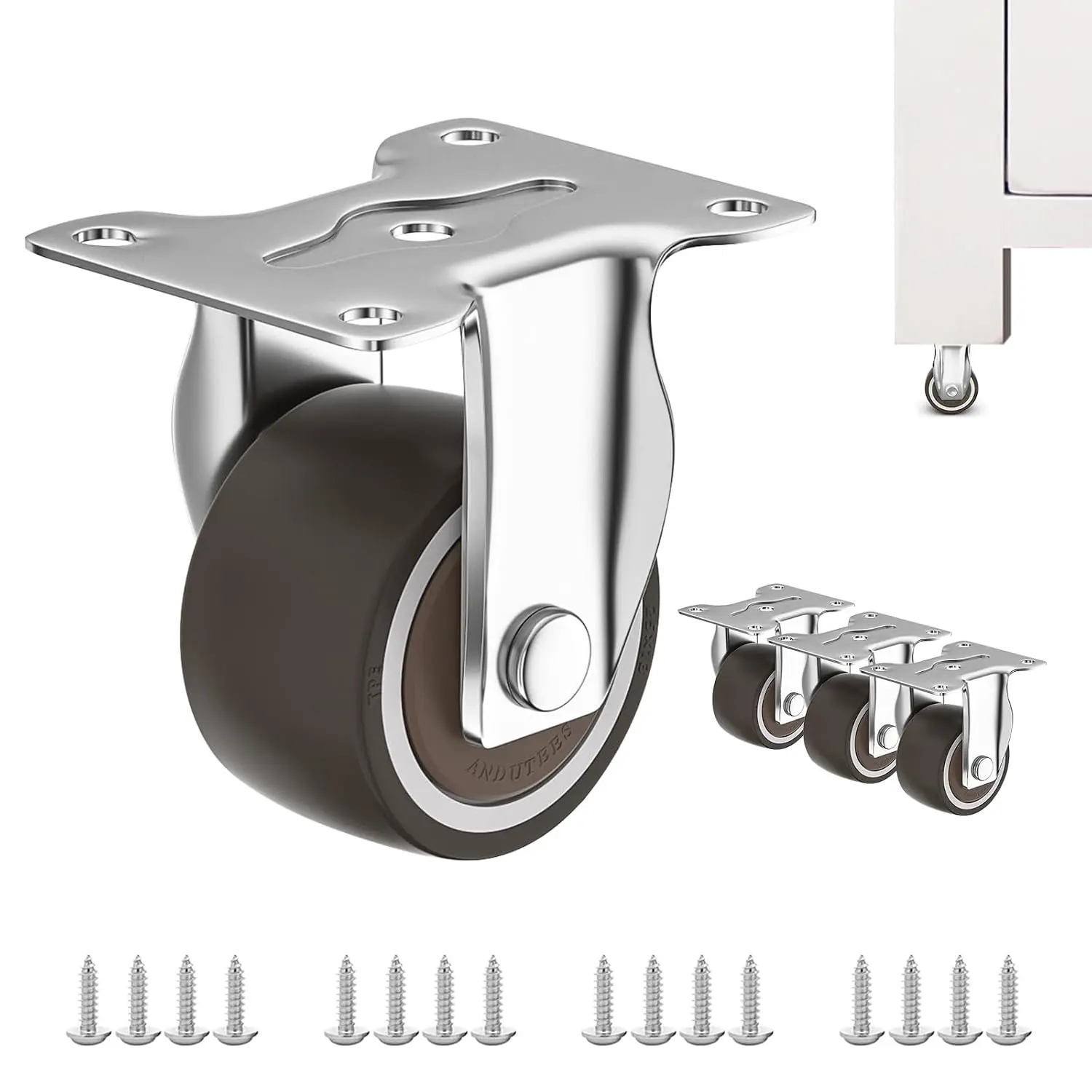 1" Small Casters Set of 4, Non Swivel Low Profile Wheels for Furniture, No Noise Mini Rubber Casters, for Small Furniture, Worktables.