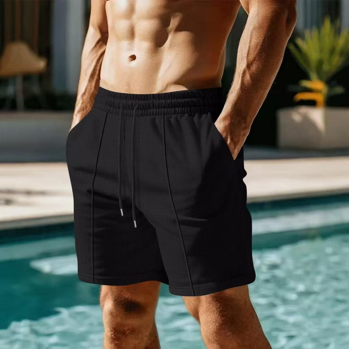 Men's Waffle Knit Shorts Elastic Waist Drawstring Knee Length Shorts With Pockets Waffle Knit Solid Color Breathable Lightweight Soft Comfortable Durable Stretch For Summer Outdoor Sports Casual Daily Wear