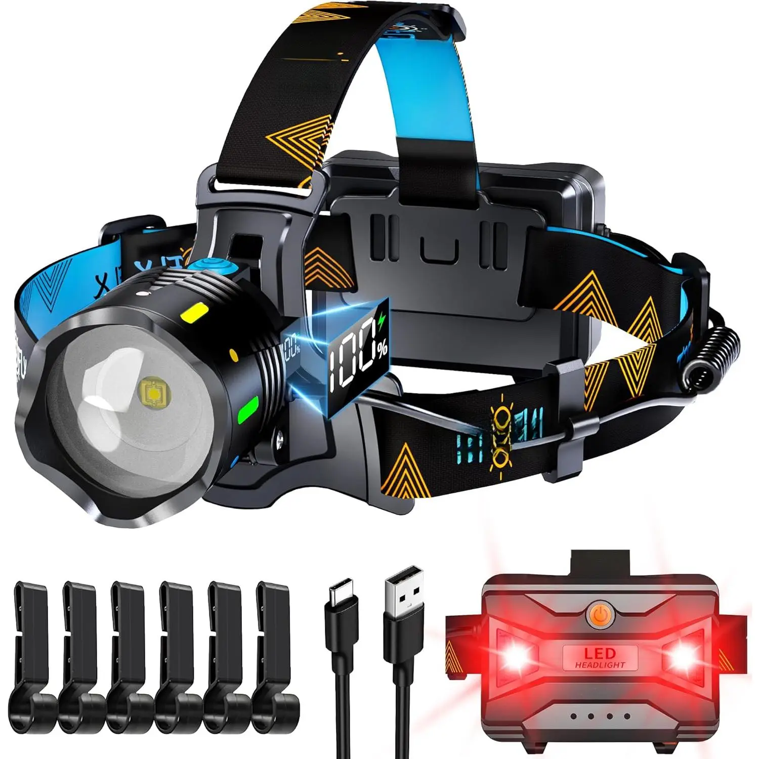 12 Modes 210000 Lux Headlamp Motion Sensor Red Warning Zoomable Energy Saving, More Than 30Dys Standby Head Lamp, IP65 Waterproof and 125 °   Angle  Camping Outdoor Hardhat