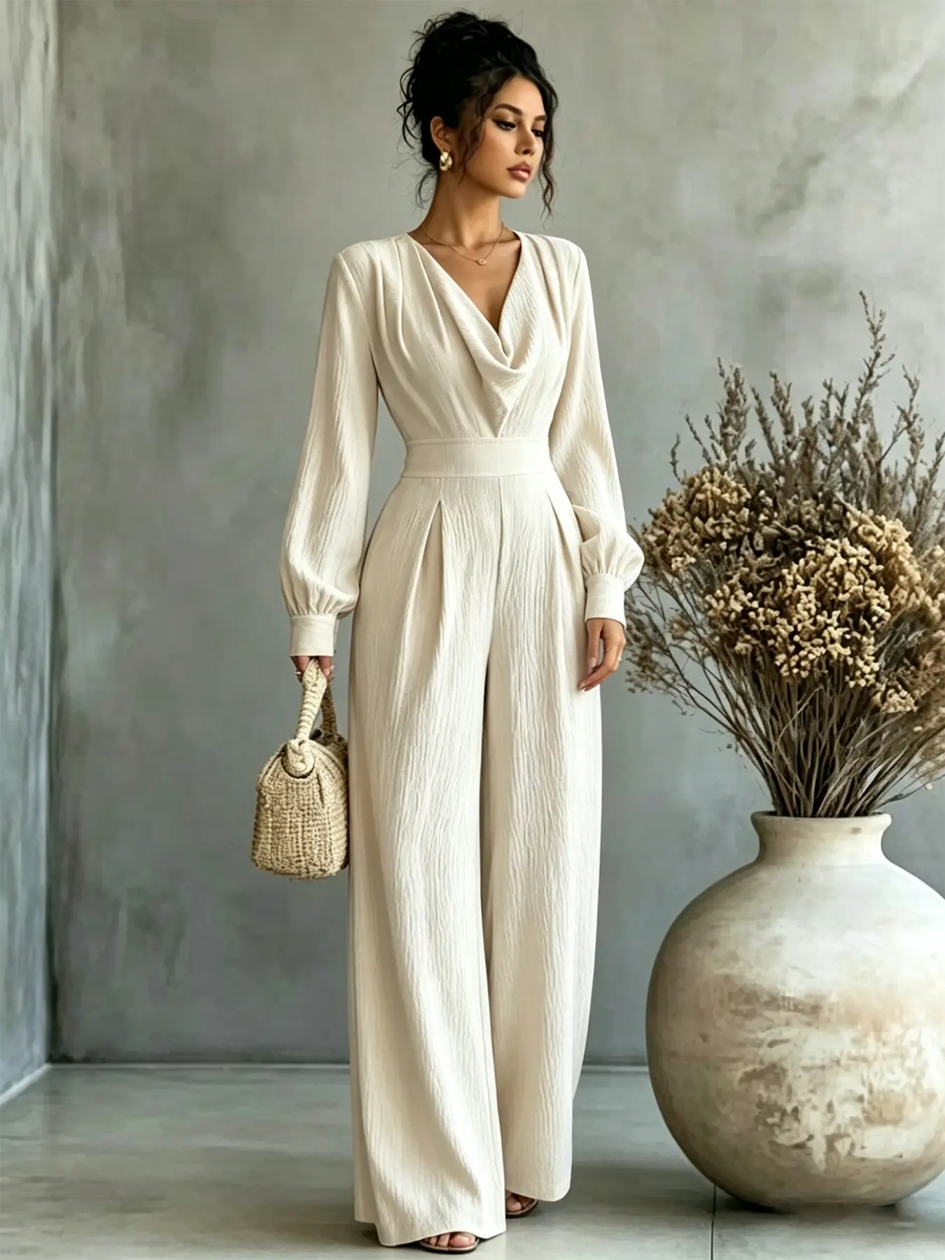 A women's beige swing collar long sleeved wide leg waistband jumpsuit, Fashion plain jumpsuit, with a high waist and a cinched waist that looks taller and slimmer, suitable for commuting to work, shopping and outdoor activities