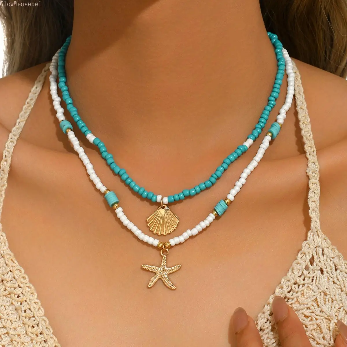 Women's 2PCS Boho Layered Sea Shell Bead Necklaces - Turquoise Seed Bead Choker, Gold Scallop Pendant, Mermaidcore Costume Jewelry for Beach Vacation Outfits, Shell Necklaces, Bead Set Necklaces