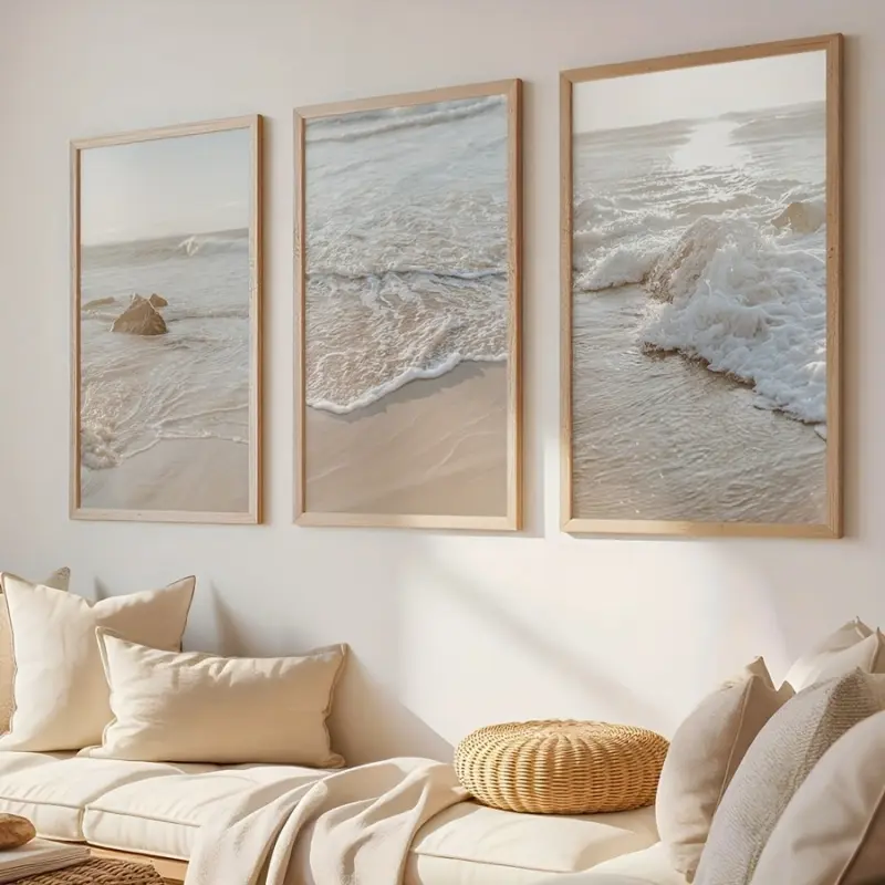 3pcs/set, Aesthetic Bohemian Neutral Print, Beige Seaside Beach Coast Wall Art, Unframed Scenery Ocean Canvas Poster, Modern Art, Sunset Seaside Print, Nature Scenery Wall Decor, Ideal Gift for Living Room, Bedroom, Hallway, Home And Room Decoration