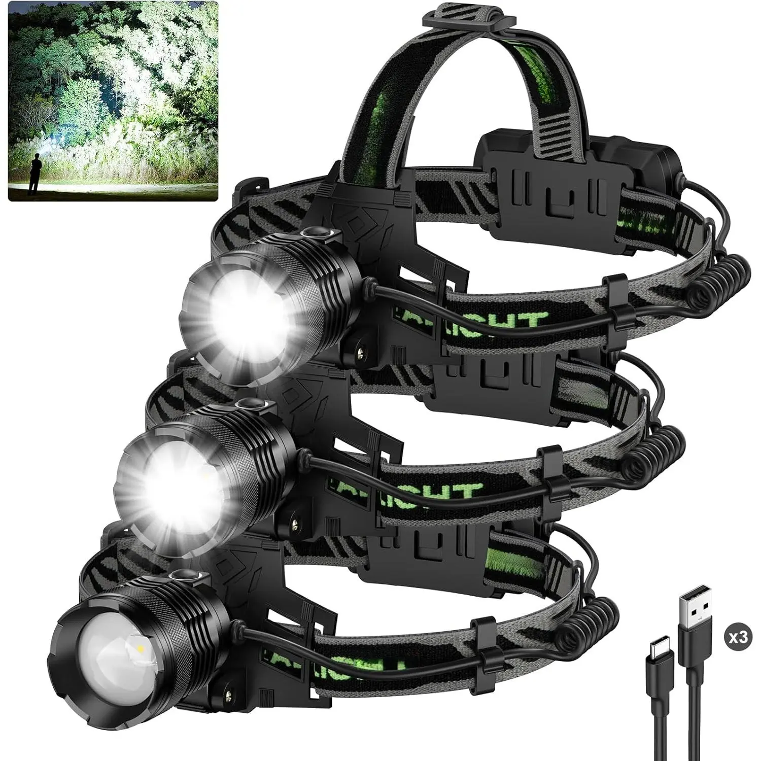 3Pack Rechargeable Headlamp Super Bright, 99000 Lumens LED Head Lamp with 3 Modes, 90 °       Angle & Adjustable Focus Head Lights  Forehead, IPX6 Waterproof HeadLamps  Adults Camping Hiking