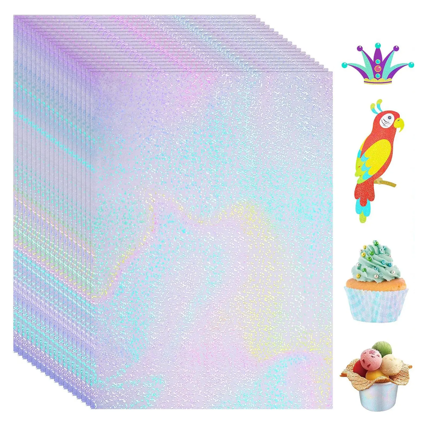 20 Sheets A4 Glitter Holographic Sticker Paper, Clear Self-Adhesive, Waterproof Rainbow Vinyl, DIY Crafts Laminating Sheets
