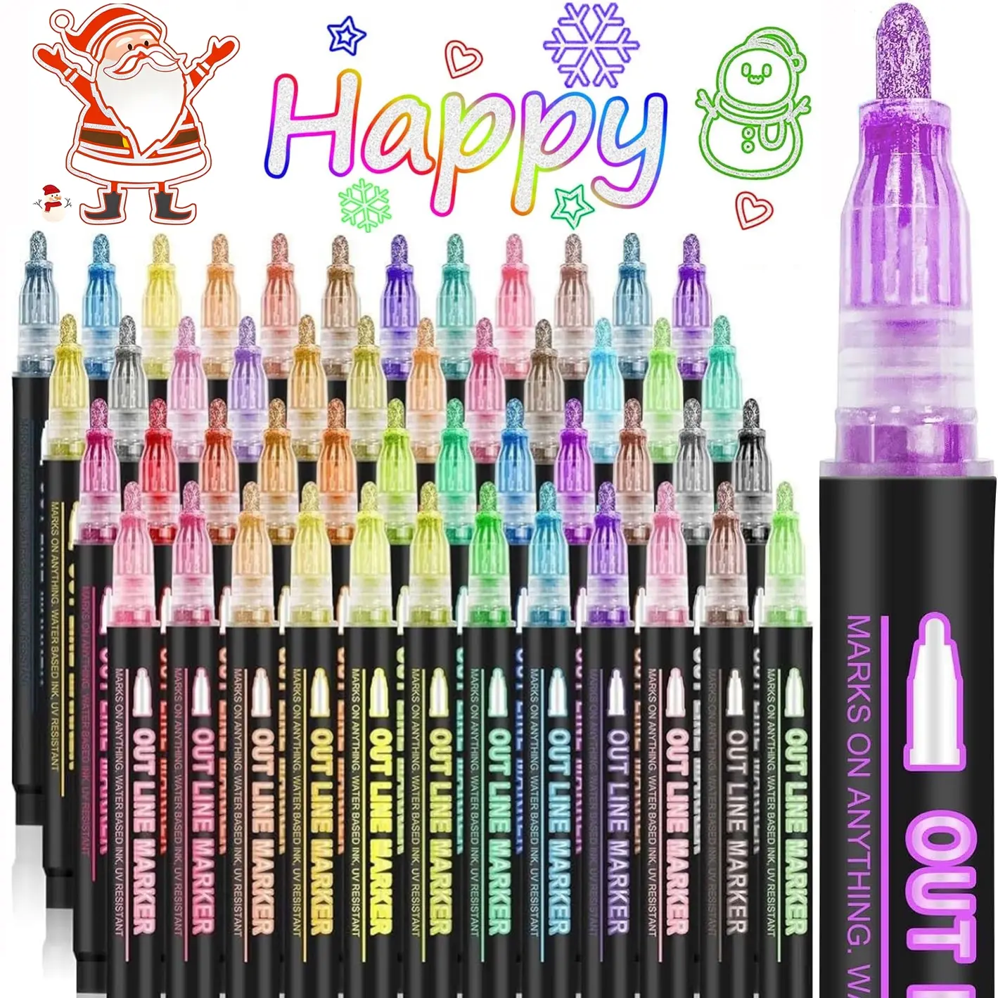 Double Line Outline Marker Pen Set, 8/12/24/36/48 Colors Self Outline Metallic Marker Pen Set, Glitter Writing Drawing Pens for Birthday Greeting Card, Metallic Sparkle Pen
