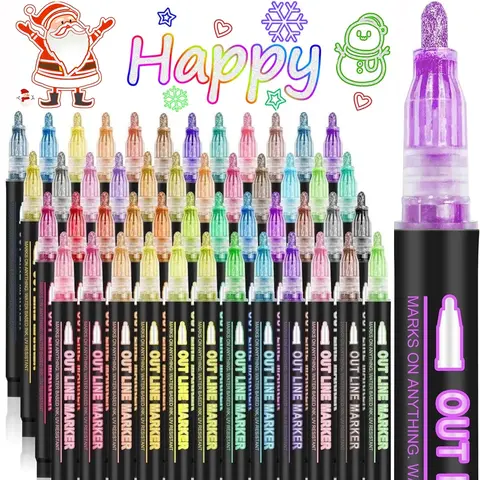 Double Line Outline Marker Pen Set, 8/12/24/36/48 Colors Self Outline Metallic Marker Pen Set, Glitter Writing Drawing Pens for Birthday Greeting Card, Metallic Sparkle Pen