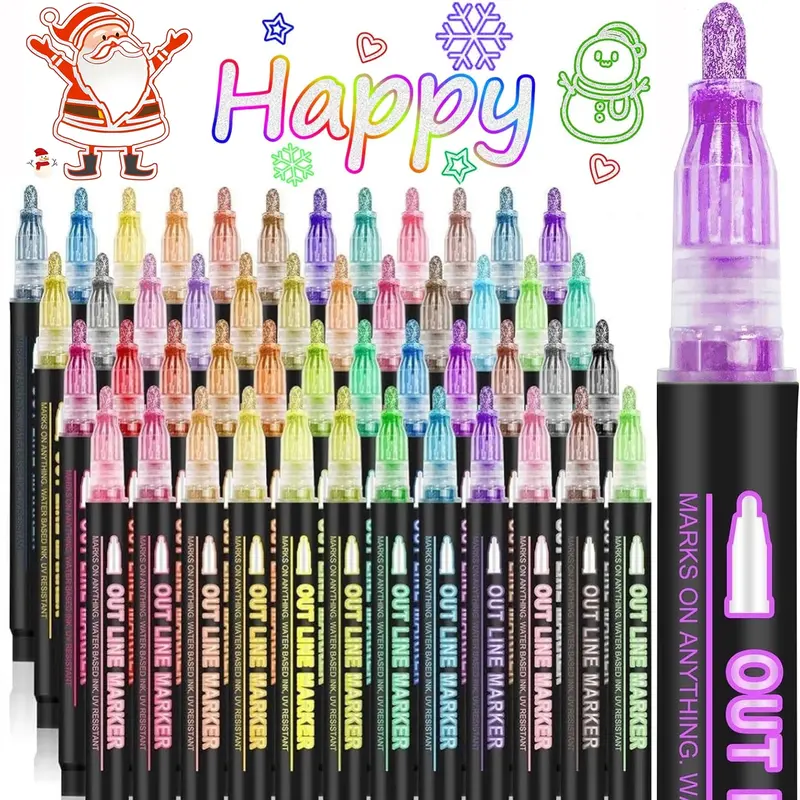 Double Line Outline Marker Pen Set, 8/12/24/36/48 Colors Self Outline Metallic Marker Pen Set, Glitter Writing Drawing Pens for Birthday Greeting Card, Metallic Sparkle Pen