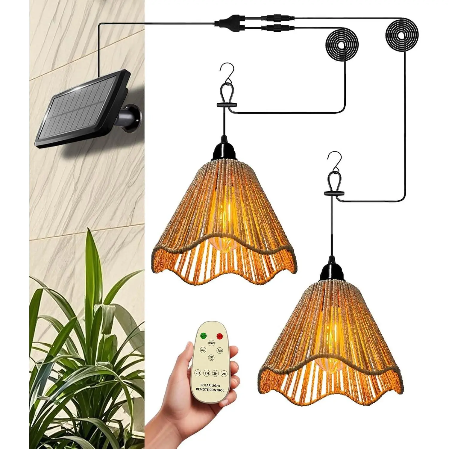 Solar Chandelier Outdoor Waterproof, Gazebo Lights Solar Powered with Remote Control, Boho Hanging Pendant Light for Porch, Patio, Pergola, Shed, Chicken Coop, Balcony(2 Lights)