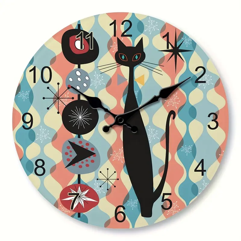 An imaginative cat from a strange world 10inch Wall Clock - Silent Round Quartz Clock, Battery Powered, Suitable for Living Room, Bedroom, Kitchen, Bathroom Decoration - Acrylic Handmade Art Home Decor (AA batteries not included) Creative Cat Wall Clock