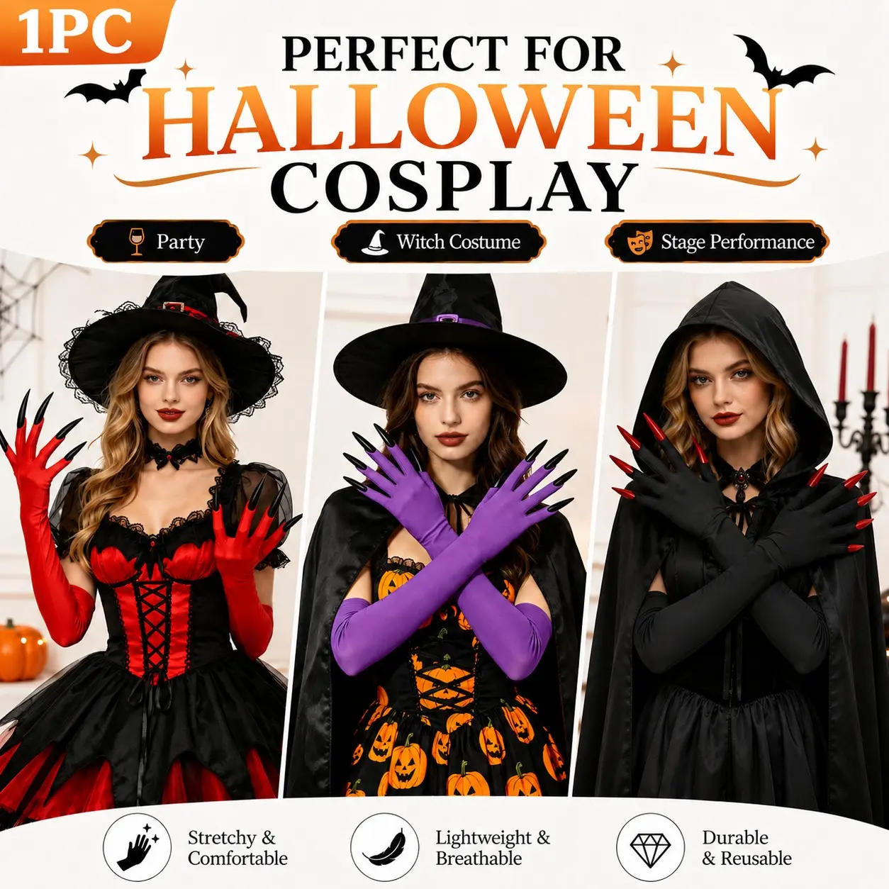 Halloween Long Claw Nail Gloves, Witch Costume Accessory, Gothic Horror Role Play Gloves, Perfect for Halloween Parties and Themed Events
