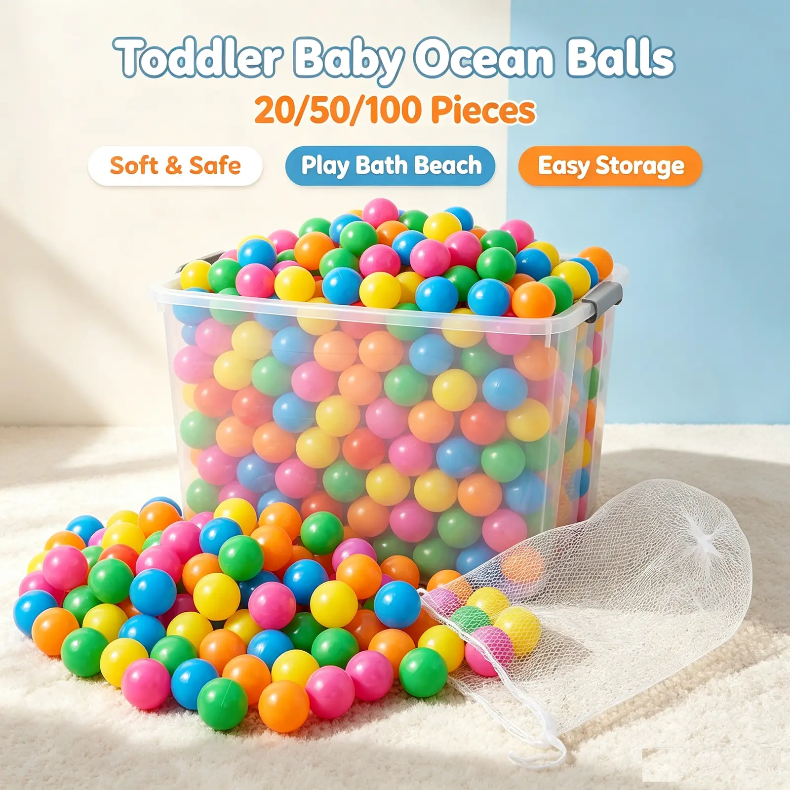 Toddler Ocean Balls 20/50/100Pcs, Baby Play Toys for Indoor Dry Pool Bath Beach Summer Kids Activities
