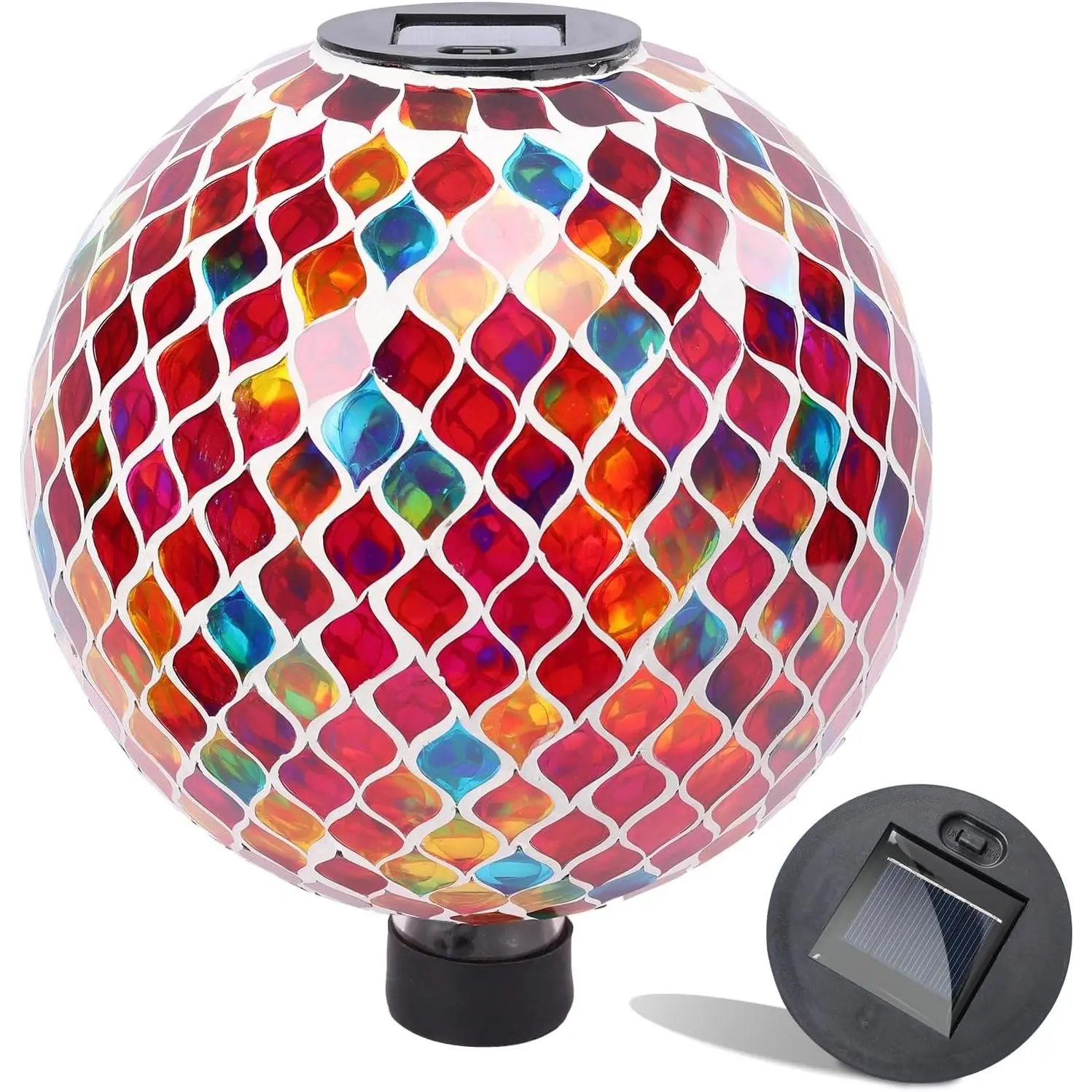 Solar Gazing Ball, Mosaic Glass Gazing Balls Sphere with Solar Light for Garden Lawn Outdoor Ornament Yard Decorative, 10" Red