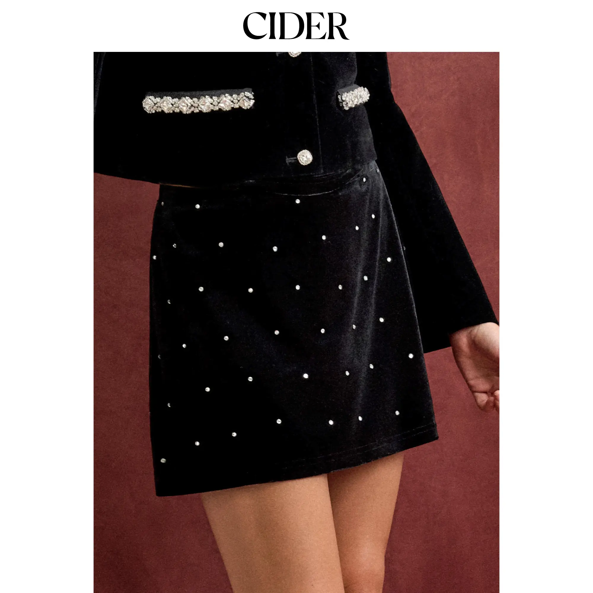 Cider Velvet Mid Rise A-line Mini Skirt With Rhinestone Dots