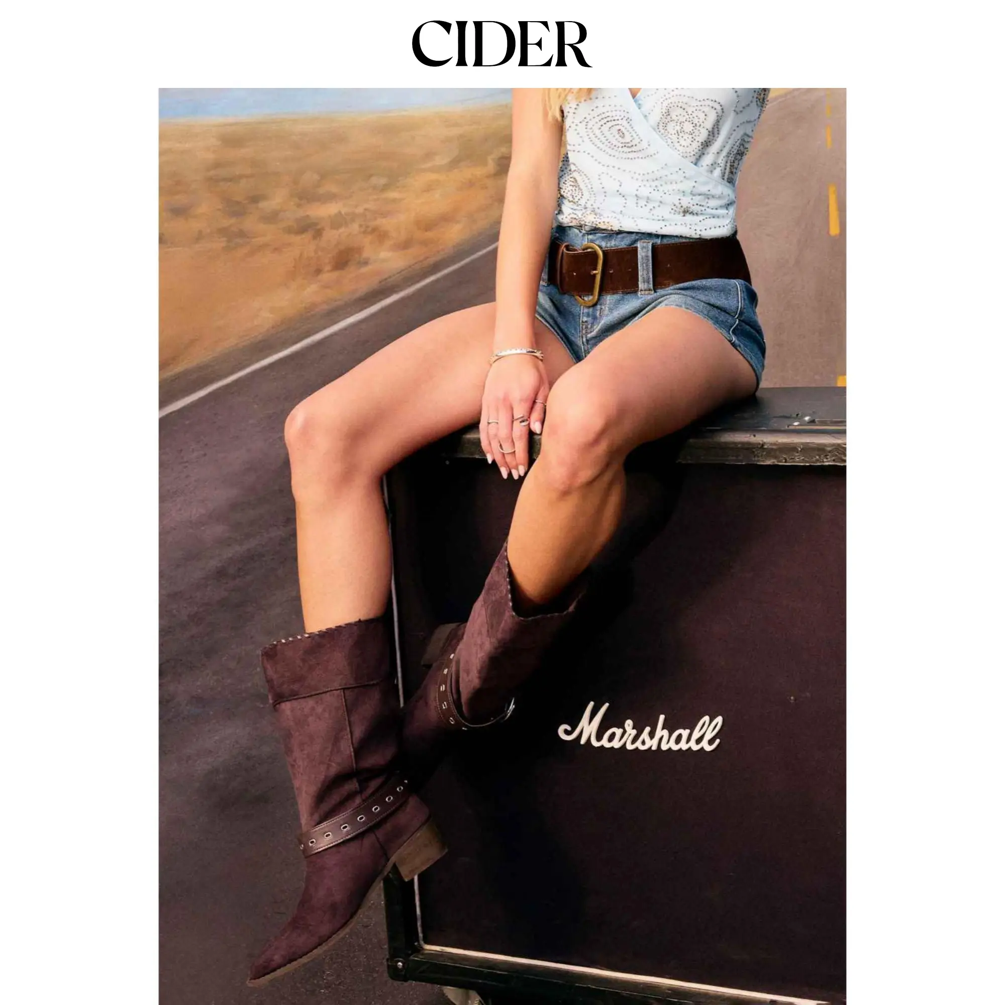 Cider FAUX SUEDE POINTED TOE CHUNKY HEELED BELTED BOOTS SohoChic
