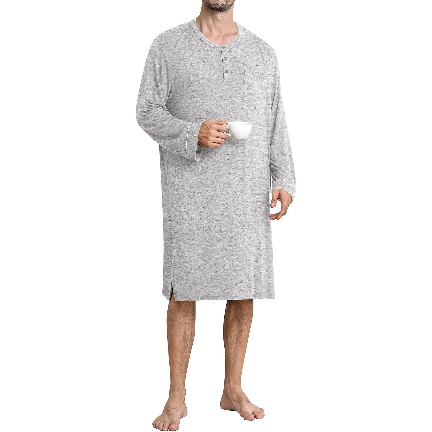 Men's Nightshirt Long Sleeve Nightgown Soft Loose Sleepwear Comfy Big & Tall Henley Sleep Shirt for Sleeping S-XXL