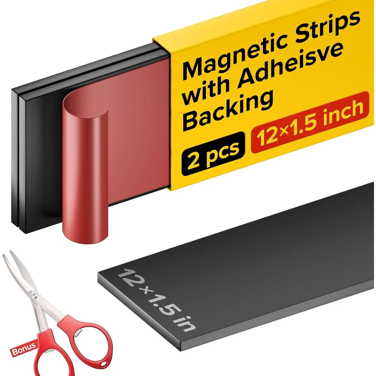 Sticky Adhesive Magnetic Strips, 12x1.5" (30x3.8cm), 2 pcs |   Flexible Magnet Strips, Adhesive Backing, Easy to Cut & Mount, For Crafts, Labels & Light Organization