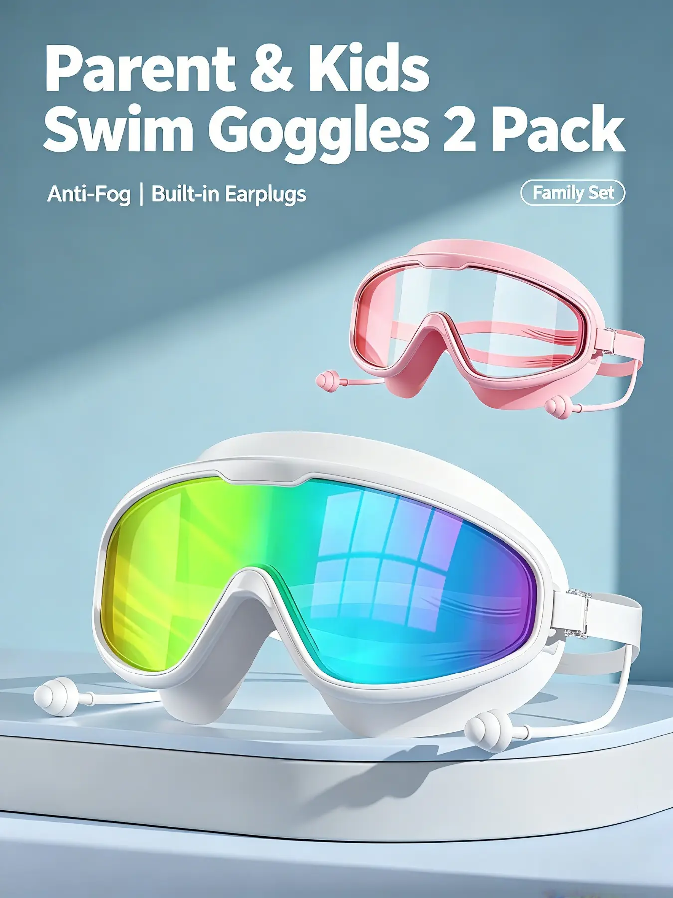 Parent & Kids Swim Goggles 2 Pack, Family Swimming Diving Goggles, Soft Silicone Frame, HD Anti-Fog Lens, Leakproof Swim Glasses with Silicone Nose Clip for Pool, Beach & Water Sports