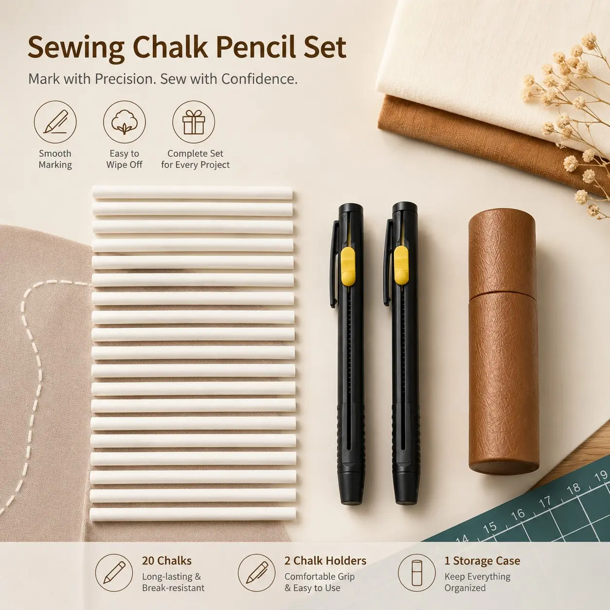New Expandable Invisible Fabric Marker Set, 2 Pens 20 Refills, Heat Vanishing Tailor's Chalk, Ideal for Sewing, DIY, Fashion Industry